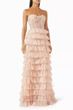 Tarik Ediz Cielo Glitter Tiered Gown In Pink