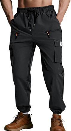 Generic Mens Lightweight Cargo Trousers Elasticated Waist Joggers with Multi Zip Pockets, Casual Outdoor Hiking Work Pants for Men, High Street Cargo Trousers