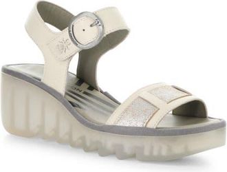 FLY London Beik Ankle Strap Platform Wedge Sandal in 000 Off White/Pl at Nordstrom, Size 10-10.5Us