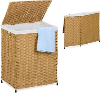 Relaxdays Relaxdays Laundry Basket with Lid, Rattan Effect, 90L Sack, HWD: 60 x 46 x 34 cm, Woven Washing Storage Bin, Brown/Beige