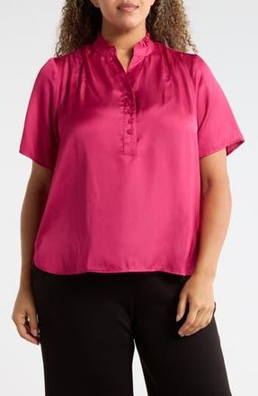 T Tahari Ruffle Split Neck Short Sleeve Top in Dark Pink at Nordstrom Rack, Size 3 X