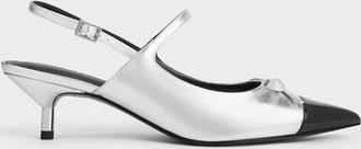Charles & Keith Metallic Bow Cap-Toe Kitten-Heel Slingback Pumps