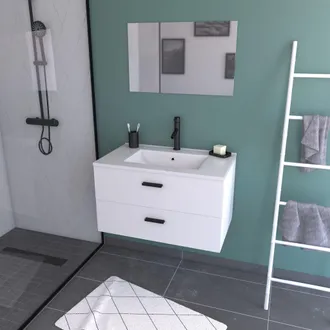 Aurlane Aurlane - Mobile Da Bagno Sospeso 80 Cm Bianco Con 2 Cassetti, Lavabo E Specchio - Box-in