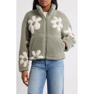 Thread & Supply High Pile Fleece Floral Jacket in Aqua Gray at Nordstrom Rack, Size X-Small
