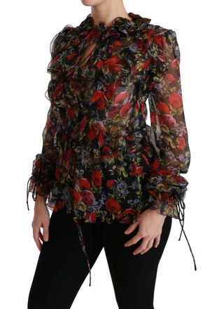 Dolce & Gabbana Womens Black Floral Roses Blouse Silk Top