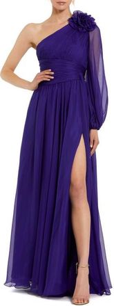 Mac Duggal One Sleeve Ruched Chiffon Gown With 3D Flower in Indigo at Nordstrom, Size 14