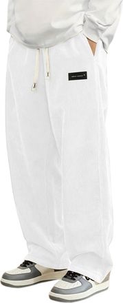 Generic Mens Corduroy Trousers Baggy Elasticated Waist Drawstring Sweatpants Winter Casual Straight Leg Trousers Solid Comfort Joggers with Pockets White