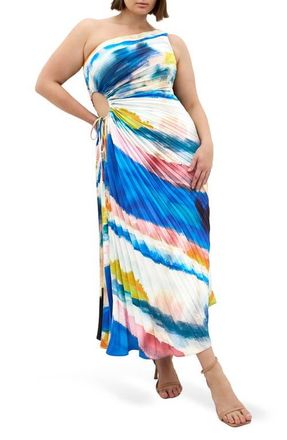 City Chic Aliza Print Cutout One-Shoulder Maxi Dress in Facet at Nordstrom, Size Xxxs