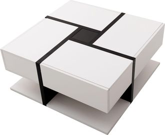 STILVORA Mesa De Centro Cuadrada Con 4 Cajones Y Estante Inferior, Patr&oacute;n De L&iacute;neas Bicolor, Blanco Brillante, En Tablero De Part&iacute;culas, 78&times;78&times;36 Cm