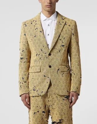 Philipp Plein Destroyed Denim Jacquard Blazer Monogram Men in Beige at Nordstrom, Size 46