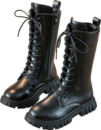 Generic Girls Lace-Up Mid Calf Combat Boots with Side-On Zipper Round Toe Water Proof Comfortable Warm Shoes Chunky Heel Non-Slip Casual Punk Goth Riding Walk