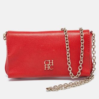 Carolina Herrera Red Leather Flap Chain Shoulder Bag