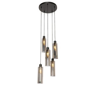 QAZQA Moderno L&aacute;mpara Colgante Inteligente Negra Con Cristal Ahumado Incl. 5 Wifi A60 - Stavelot Vidrio /acero Redonda Adecuado Para Led Max. 5 X 7 Watt - Q