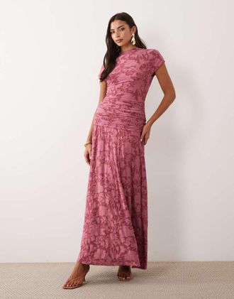 Asos vestito maxi a maniche corte in pizzo d&eacute;vor&eacute; con dettaglio arricciato rosa