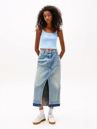 Tommy Hilfiger Front Slit Faded Denim Midi Skirt