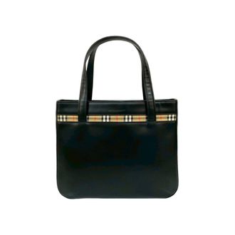 Burberry Beige Black Leather Boston Bag Handbag Tote Bag (Pre-Owned)