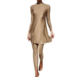 Generic Women Summer Burkini Muslim Swimwear Female Two Piece Set Swimsuit Long Sleeve Beach Swimming Suit with Folds Womens Swimming Suits Underwire Khaki