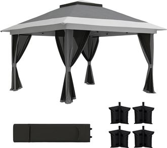OEM Cenador Plegable 3,6x3,6 M Con Laterales De Malla Upf50+ Altura Ajustable Bolsa Con Ruedas Y Bolsas De Arena Gris