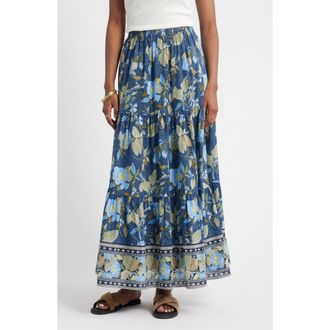 Treasure & Bond Print Tiered Maxi Skirt in Navy- Olive Jacobean Border at Nordstrom, Size X-Small