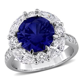 Mimi & Max Created Forever 4 3/4ct TGW Created Blue Sapphire 2ct TW Lab-Grown Diamond Halo Ring Sterling Silver