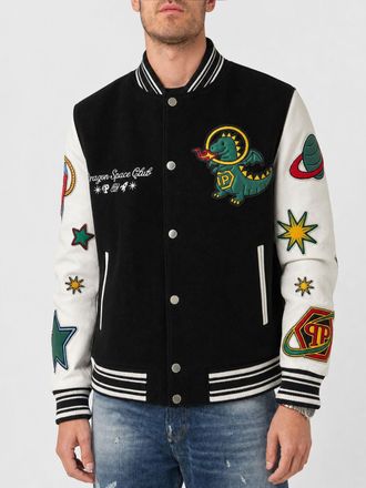 Philipp Plein Varsity Bomber Jacket in Polyester with Lambskin Sleeves
