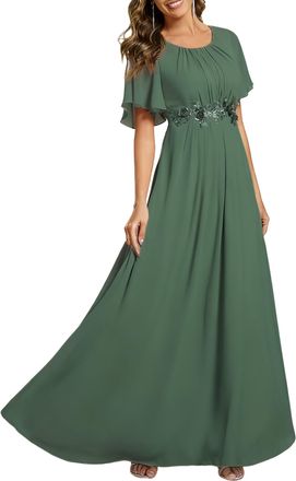 Ever-pretty Womens Maxi Evening Dress Chiffon with Applique Round Neck Ruffles Sleeve Floor Length Eucalyptus 18
