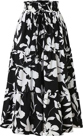 Generic 2025 Elegant Floral Pleated Midi Skirt for Women Summer High End Fashion Stylish A Line Skirt Comfortable Lightweight Design (Black, L)