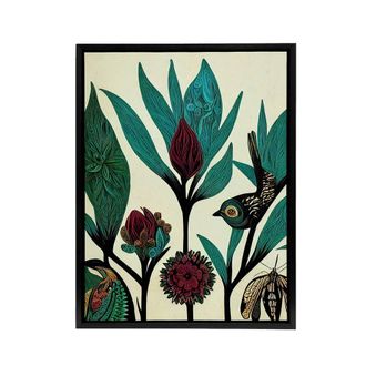 Artery8 Folk Art Flowers Birds Framed Canvas Wall Art Print in Blue | Size: W24 x H32
