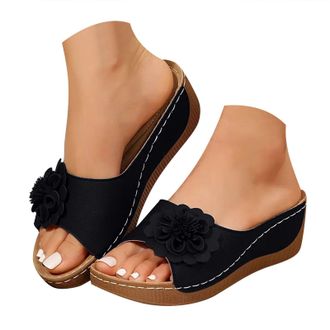 Generic Womens 3D Floral Platform Slide Sandals Chunky Heel Open Toe Slippers with Comfortable Non Slip Brown Sole for Casual Outing, Commute, Summer Beach Ho