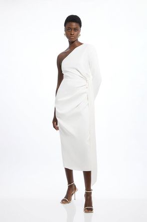 Karen Millen Womens Petite Satin Back Crepe One Shoulder Drape Midi Dress - White viscose - Size 6 UK