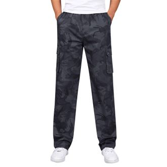 Generic Mens Camo Cargo Trousers, Cotton Straight Leg Workwear Trousers, Elasticated Waist Work Sweatpants Trousers, Multi-Pocket Loose Fit Outdoor Sports Tra