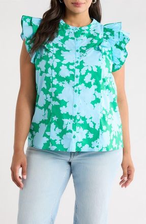 Sugarlips Riona Floral Sammi Cotton Button-Up Top in Blue-Kelly at Nordstrom, Size 3 X