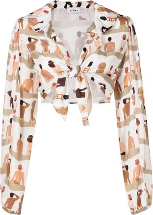 Amir Slama graphic-print cropped blouse - women - Viscose/Linen/Flax - GG - Neutrals