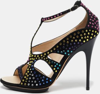 Giuseppe Zanotti Black Satin Crystal Embellished Strappy Sandals
