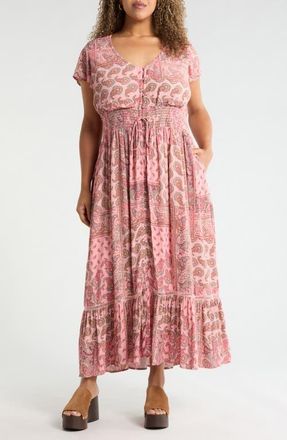 Treasure & Bond Smocked Waist Maxi Dress in Pink- Olive Patchwork Paisley at Nordstrom, Size 4X