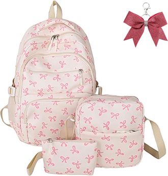 Generic 3PCS Bow Backpack Set for Girls, Cute Kawaii Coquette Nylon Rucksack with Shoulder Bag and Clutch, Large Capacity School Backpack for School, Travel (