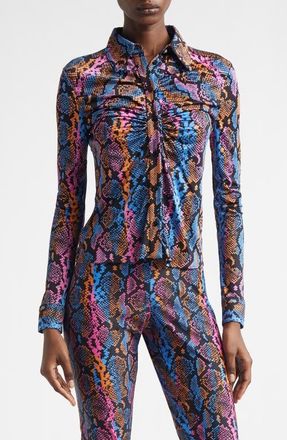 Versace Python Print Liquid Jersey Button-Up Shirt in Sky Pink Sapphire Spice at Nordstrom, Size 10 Us