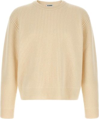 Jil Sander Fisherman Rib Sweater - Heren - Ronde hals truien - Beige - XL - Wol - Truien & Vesten