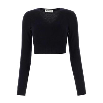 Jil Sander Truien & Vesten, Dames, Blauw, S, Wol, Cropped Wool Sweater