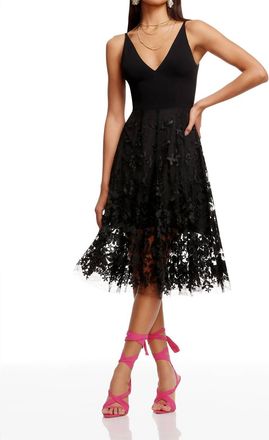 Dress The Population Darleen Deep-V Floral-Applique Dress In Black
