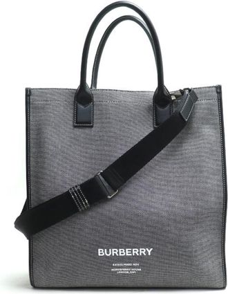 Burberry Gray Leather Cotton Canvas Shoulder Bag Tote Bag (Pre-Owned)