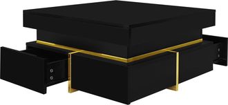 STILVORA Mesa De Centro Cuadrada Con 2 Cajones, Detalles Dorados, Acabado Brillante Lacado, En Tablero De Part&iacute;culas, 70&times;70&times;35,5 Cm, Negro