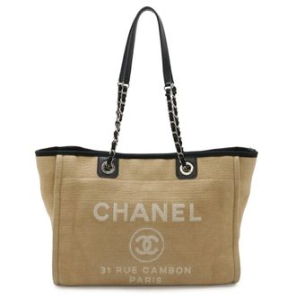 Chanel Beige Black Canvas Shoulder Bag Tote Bag (Pre-Owned)
