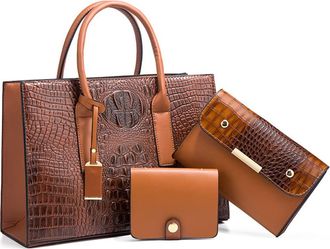Generic 3pcs Satchel Handbag for Women Top Handle Purse Fashion Crocodile Crossbody Bag Large Ladies Tote Shoulder Bags (Brown)