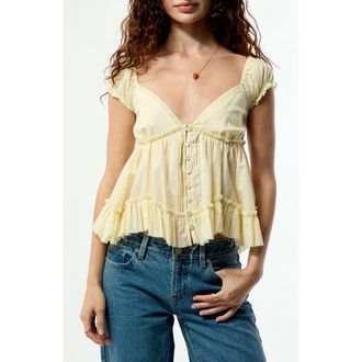 PacSun Ellie Lace Trim Embroidered Bodice Smocked Back Cotton Top in Yellow at Nordstrom, Size Xx-Small