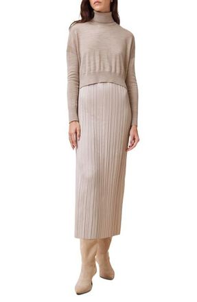 AllSaints Vittoria Merino Wool High-Low Sweater & Micropleat Midi Dress Set in Fawn Brown at Nordstrom, Size Medium