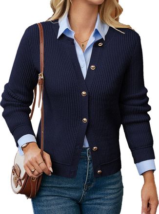 Grace Karin Long Sleeve Winter Jackets for Women UK, Crew Neck Navy Blue Blazer Cardigans Elegant, Lightweight Knitted Outwear Winter XL Navy Blue