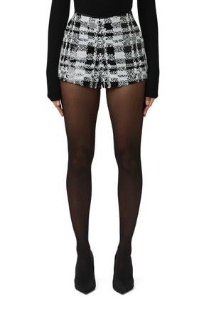Naked Wardrobe Sequin Shorts in White/Black Plaid at Nordstrom, Size Large