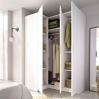 Dmora Armario 3 Puertas Reeves, Ropero Dormitorio Con Colgador, Cajones, 6 Estantes, 95x142 Cm Blanco