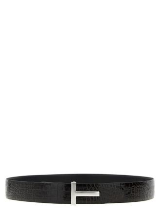 Tom Ford Brown Reversible Logo Buckle Textured Belt